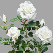 Fehér színű, élethű megjelenésű, mű rózsabokor, fekete műanyag cserépben.