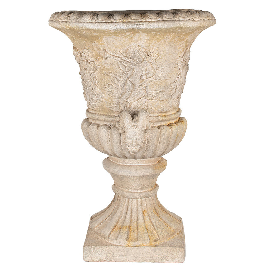 Antik hatású, félköríves kialakítású, angyaldíszítéses bézs fali kaspó elölről, klasszikus talpas lábazattal