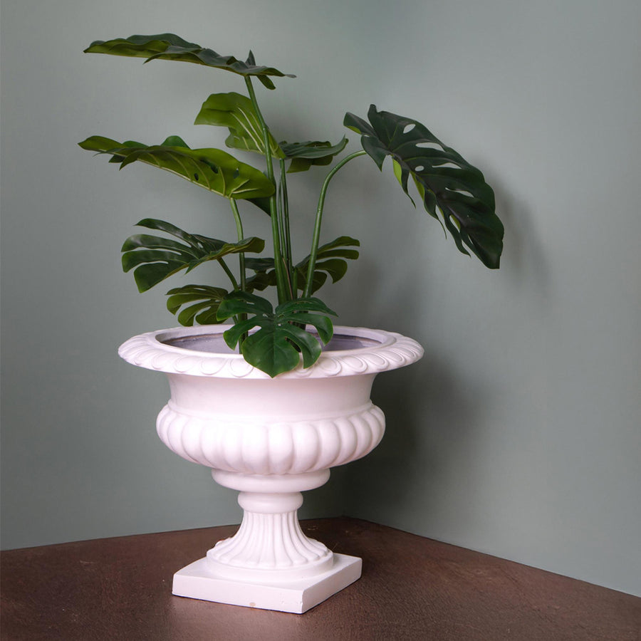 Fehér kaspó tál dísznövénnyel berendezett beltéri enteriőrben, klasszikus stílusban.