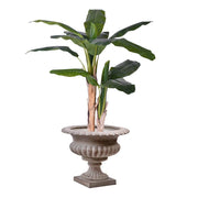 Antikolt homokszínű kaspó egzotikus növénnyel dekorálva, modern enteriőrbe illesztve