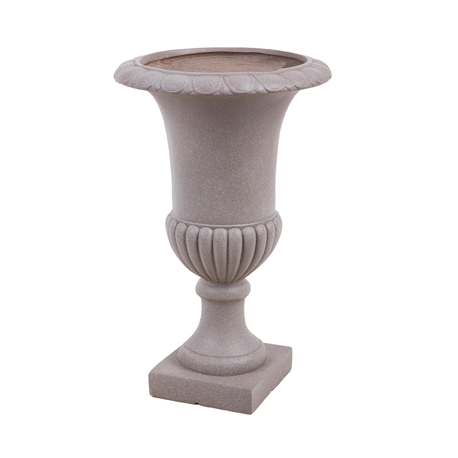 Taupe színű, klasszikus formavilágú, talpas nagy kaspó.