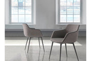 Szürke színű szövettel kárpitozott, acél szerkezetű, formatervezett dizájn étkezőszék.