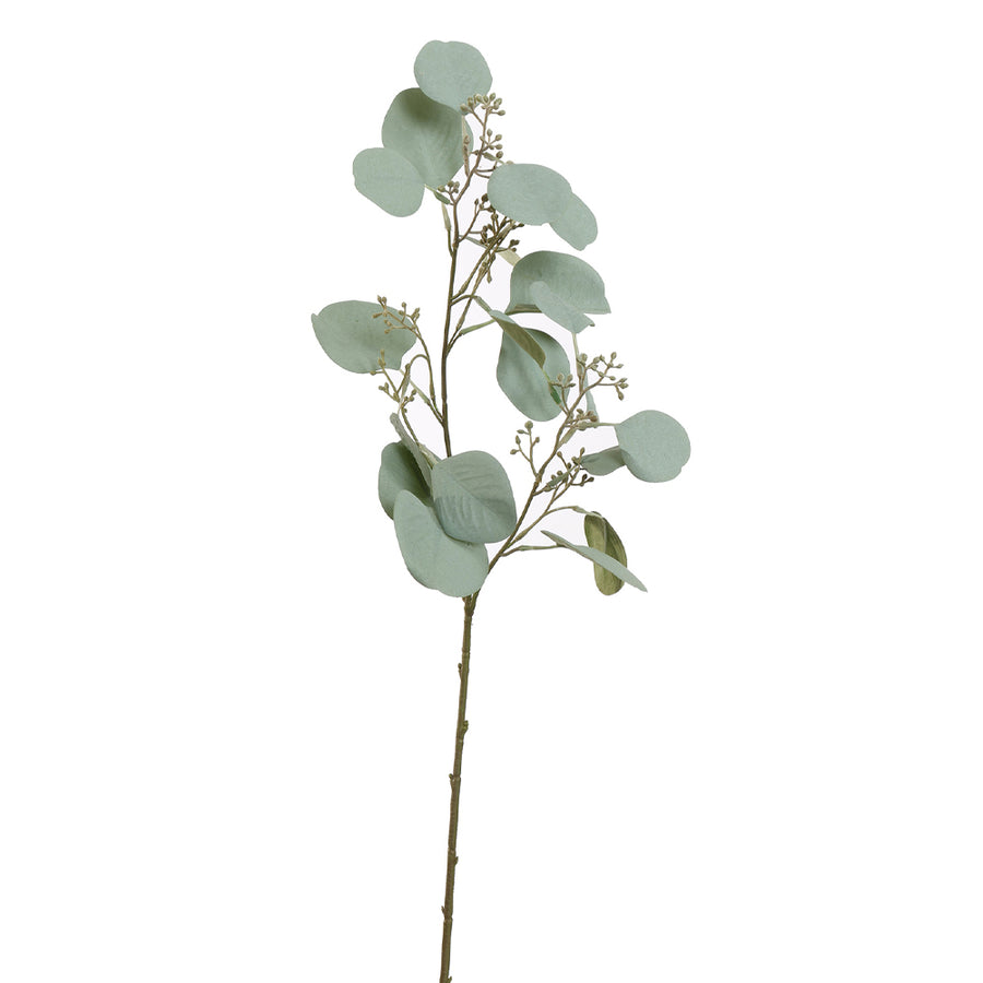 Mű eukaliptusz ág 60 cm magas, bogyós, szürkészöld levelekkel, fehér háttéren.