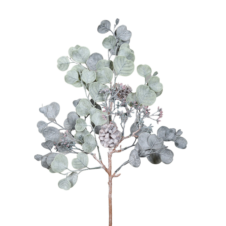 Deres hatású, 51 cm magas mű eukaliptusz mix ág fenyőtoboz díszítéssel, naturális megjelenéssel.