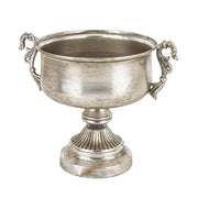 Dekoratív kialakítású, patinás felületű, ezüstszínű, fém díszkaspó.