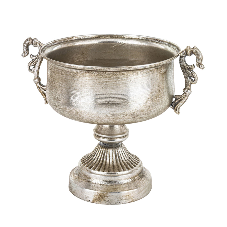 Dekoratív kialakítású, patinás felületű, ezüstszínű, fém díszkaspó.