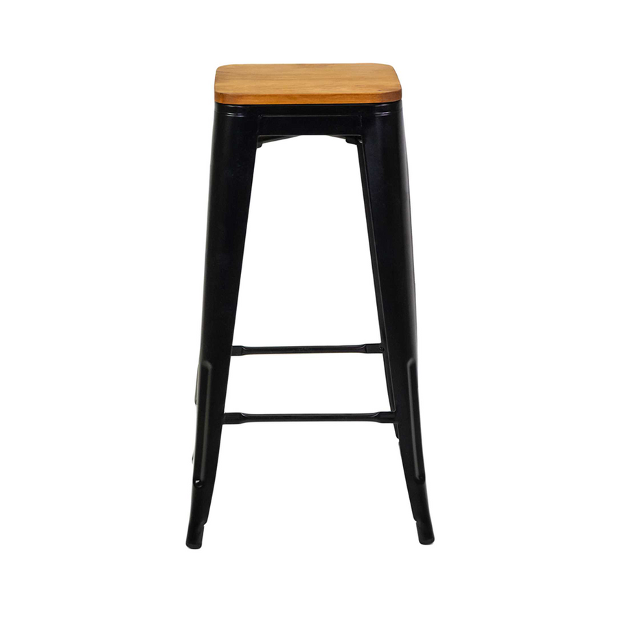 Fekete színű, fémből készült, fa üléses bárszék.