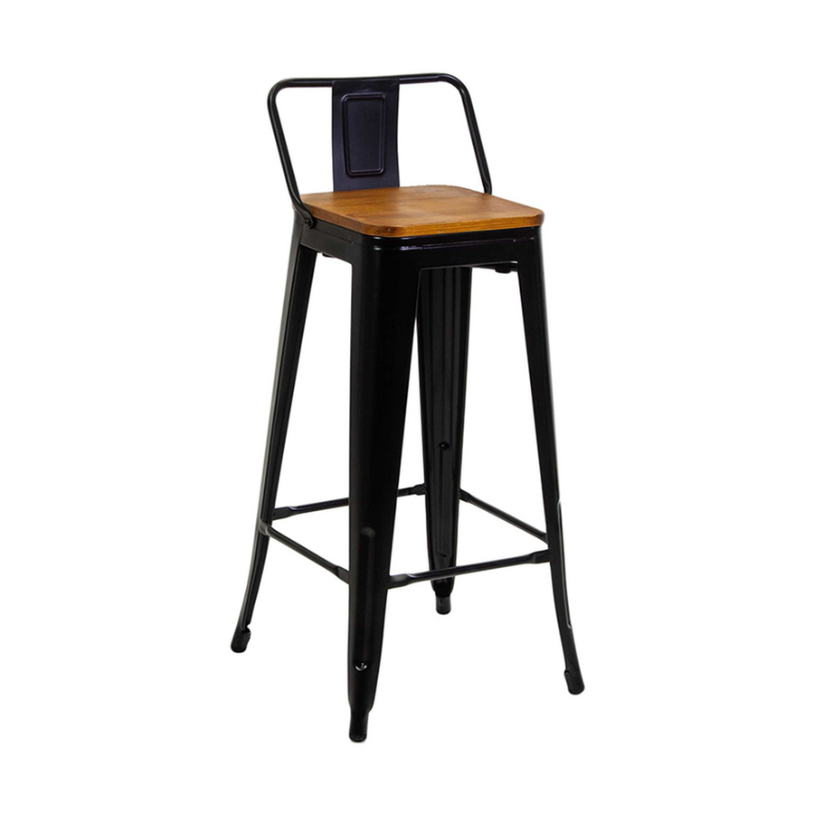 Fekete színű, fémből készült, háttámlás kialakítású, fa üléses bárszék.