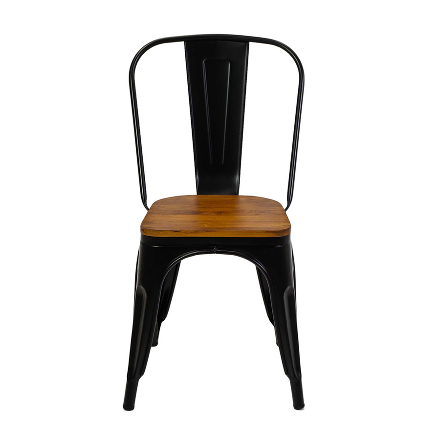 Fekete színű, fémből készült, fa üléses bisztrószék.