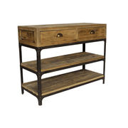 Perspektivikus kép a Factory konzolasztalról, amely kiemeli a fiókos felső részt és az alsó polcokat.