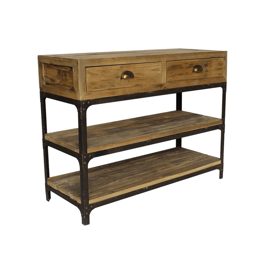 Perspektivikus kép a Factory konzolasztalról, amely kiemeli a fiókos felső részt és az alsó polcokat.