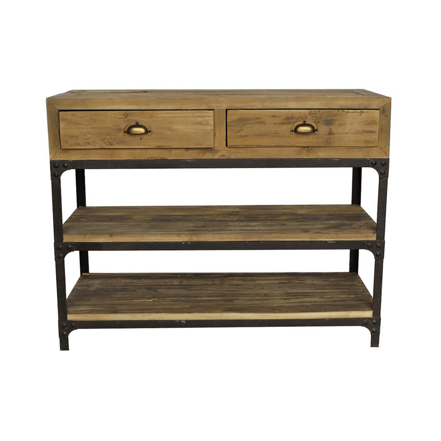 Elölnézeti kép a Factory kollekció 100 cm-es, indusztriális stílusú konzolasztaláról, két fiókkal és három nyitott fa polccal.