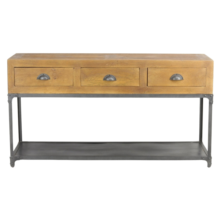 Elölnézeti kép a FACTORY konzolasztalról három szimmetrikus fiókkal és fém vázzal