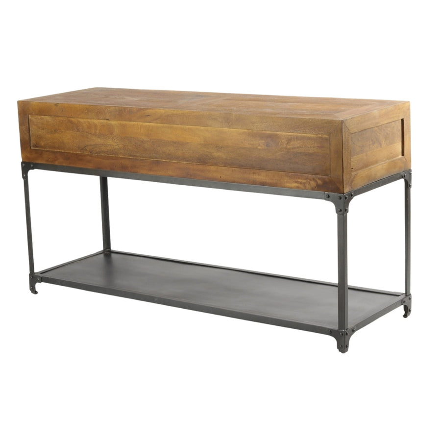 A konzolasztal hátsó és oldalsó nézete, kiemelve a természetes fa struktúráját