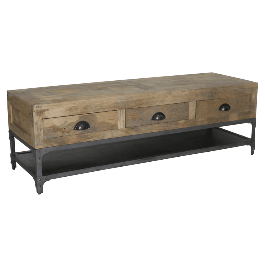Ipari stílusú FACTORY TV szekrény mangófából és fekete fémvázzal, három fiókkal és alsó polccal, 140 cm