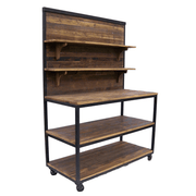 Factory loft stílusú fenyőfa tálaló elölnézetből, fekete fém vázzal és nyitott polcokkal