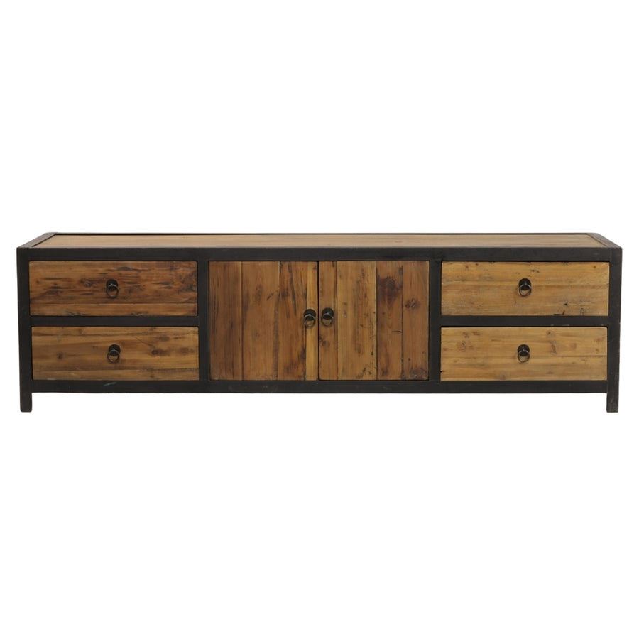 Szemből fotózott FACTORY TV-komód, jól látható fiókos és kétszárnyú ajtós kialakítással