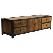 Elölnézeti kép a FACTORY natúr fenyőfa TV-szekrényről, zárt fiókokkal és ajtókkal