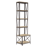 Ipari stílusú, újrahasznosított fenyőfa könyvespolc fekete fémszerkezettel, hat polccal – Factory kollekció, 220 cm magas.