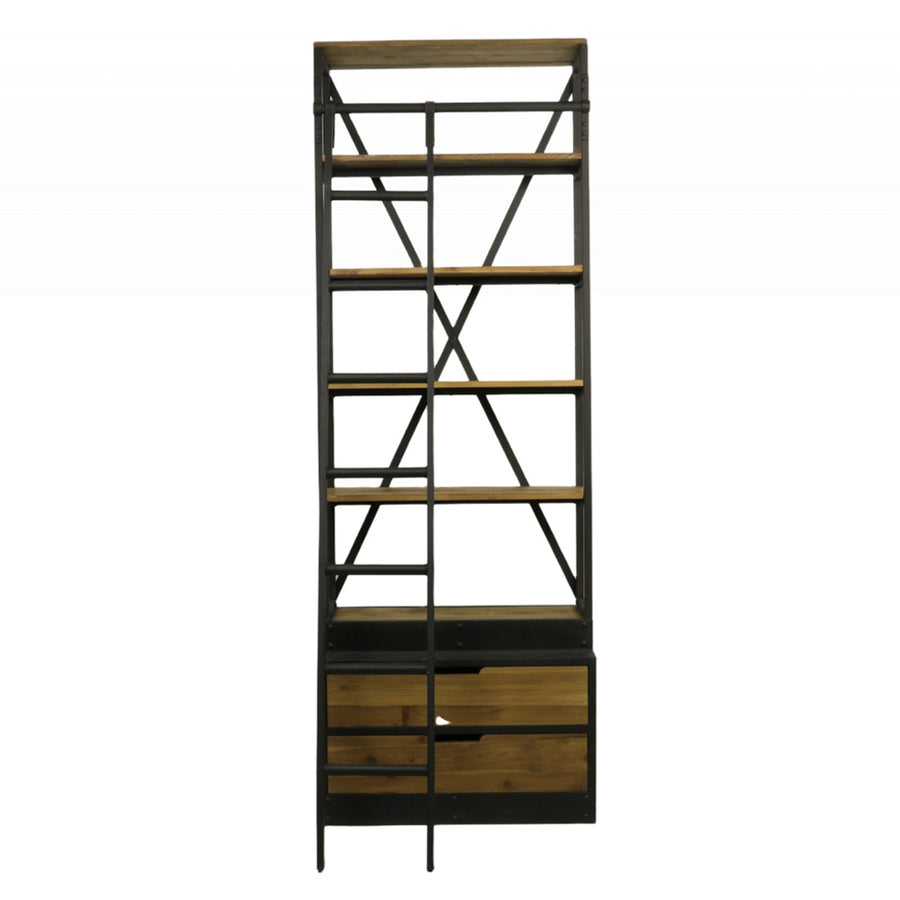 FACTORY 243 cm magas, keskeny fenyőfa és vas könyvespolc létrával és két alsó fiókkal