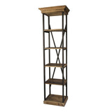 Keskeny FACTORY loft könyvespolc ferde nézetből, fa felső párkánnyal és alsó lábazattal
