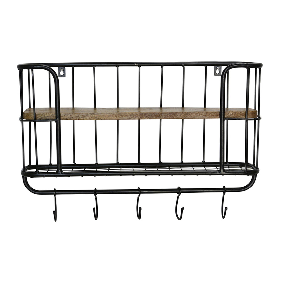 Fektet, fém fogasokkal felszerelt konyhai fali polc.