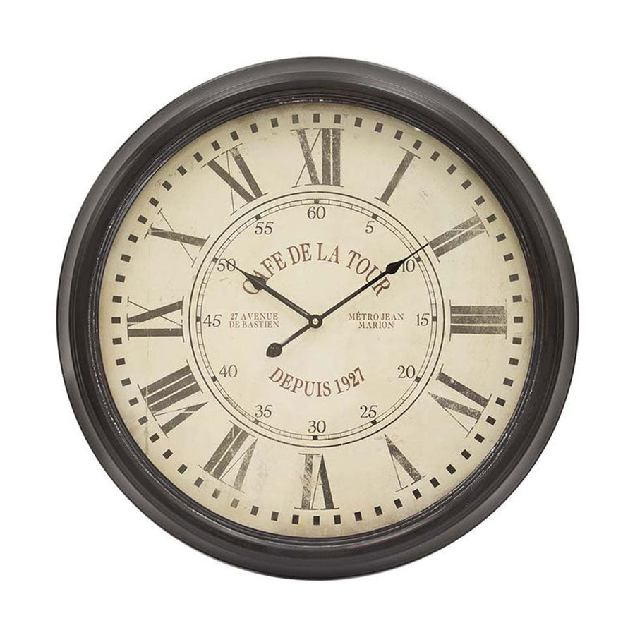 Vintage stílusú, fekete-krém színű falióra, "Cafe de la Tour" felirattal.