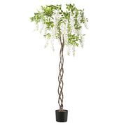 Csavart törzsű, fehér színű mű lilaakác fa.