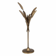 Növényi formát mintázó, antik aranyszínű fém gyertyatartó.