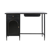 Antikolt felületű, fekete színű, fém íróasztal.