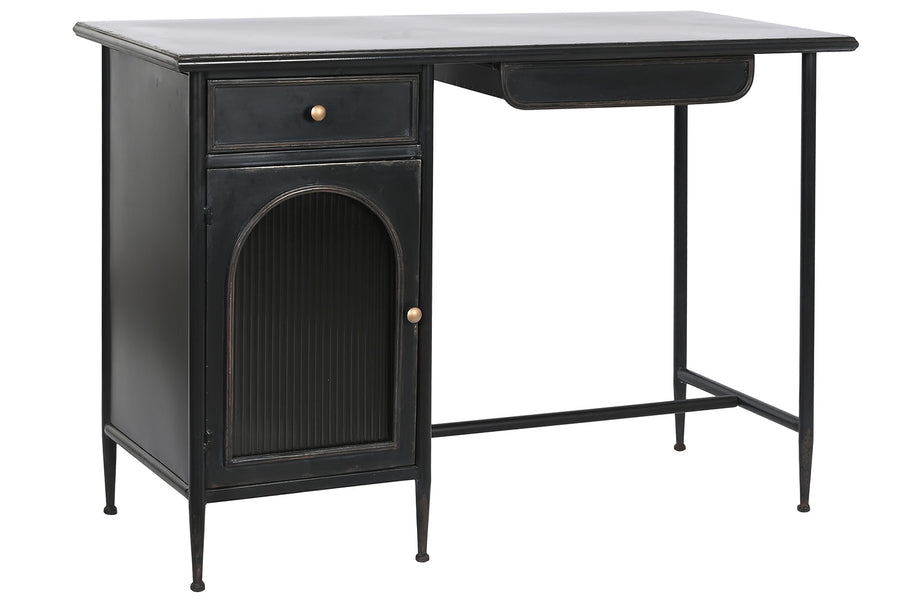 Antikolt felületű, fekete színű, fém íróasztal.