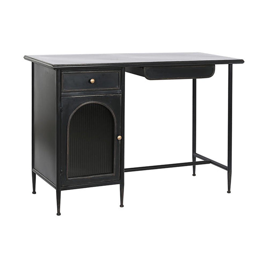 Antikolt felületű, fekete színű, fém íróasztal.