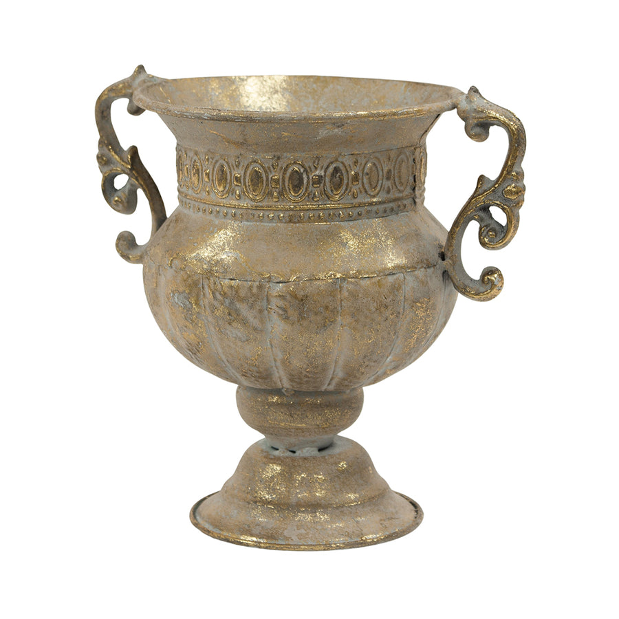 Aranyszínű, serlegformájú fémkaspó dekoratív fülekkel.