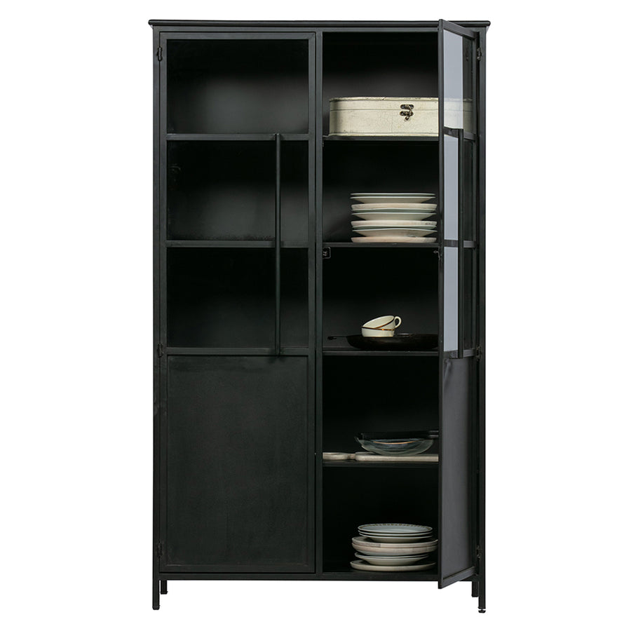 Fekete színű, kortárs design vitrines szekrény, modern, matt bevonattal.