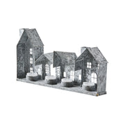 Szürke színű, bádogból készült házikókat formázó lámpás.