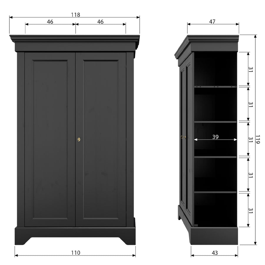 Matt fekete színű, 4 polcos, zárható kialakítású, kétszárnyas fenyőfa gardróbszekrény.