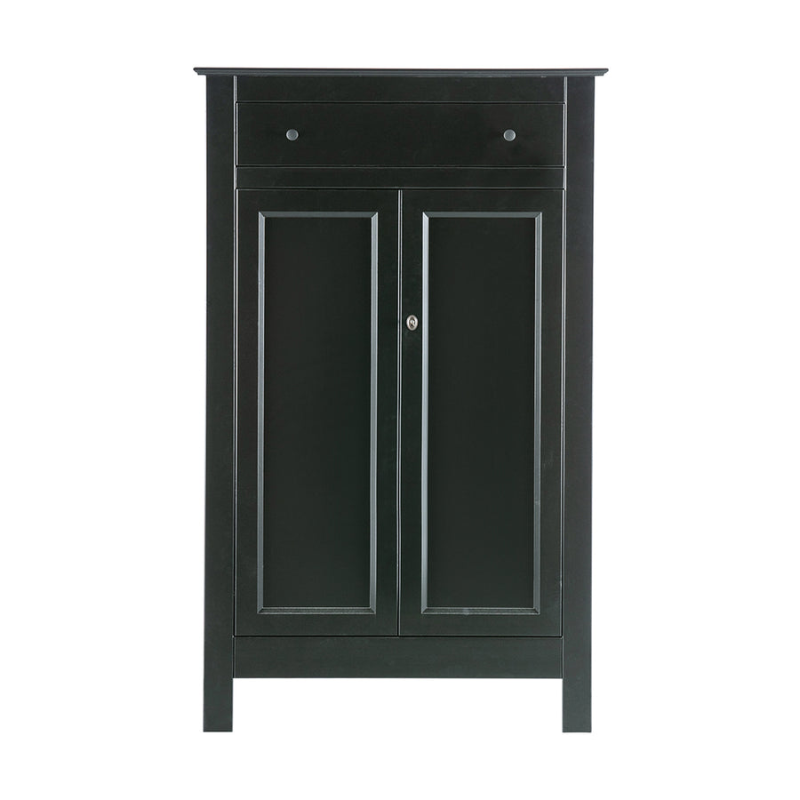 Matt fekete színű, 1 fiókkal és 2 polccal rendelkező, zárható kialakítású, kétszárnyas fenyőfa komód.