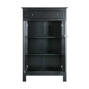 Matt fekete színű, 1 fiókkal és 2 polccal rendelkező, zárható kialakítású, kétszárnyas fenyőfa komód.