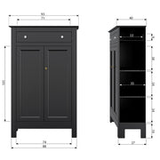 Matt fekete színű, 1 fiókkal és 2 polccal rendelkező, zárható kialakítású, kétszárnyas fenyőfa komód.