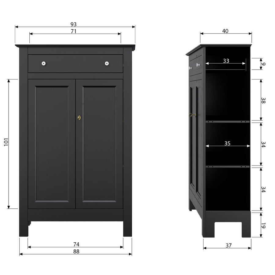 Matt fekete színű, 1 fiókkal és 2 polccal rendelkező, zárható kialakítású, kétszárnyas fenyőfa komód.