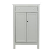 Szürke színű, zárható kialakítású, kétszárnyas fenyőfa komód.