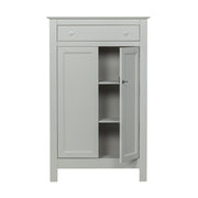 Szürke színű, zárható kialakítású, kétszárnyas fenyőfa komód.