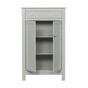 Szürke színű, zárható kialakítású, kétszárnyas fenyőfa komód.