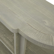 Tömör fenyőfából készült, mosott szürke színű, polcos konzolasztal.