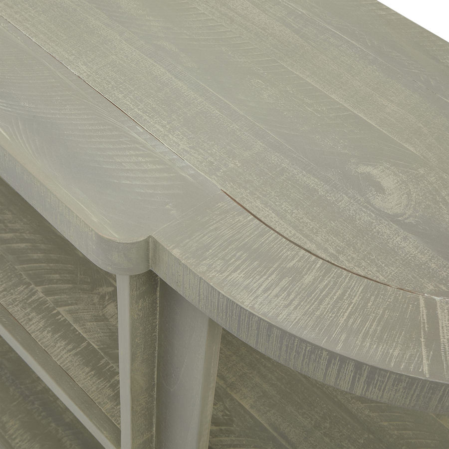 Tömör fenyőfából készült, mosott szürke színű, polcos konzolasztal.