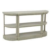 Tömör fenyőfából készült, mosott szürke színű, polcos konzolasztal.
