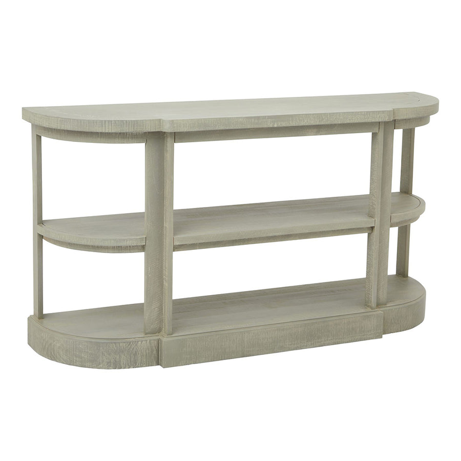 Tömör fenyőfából készült, mosott szürke színű, polcos konzolasztal.