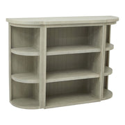 Tömör fenyőfából készült, mosott szürke színű, polcos tároló.