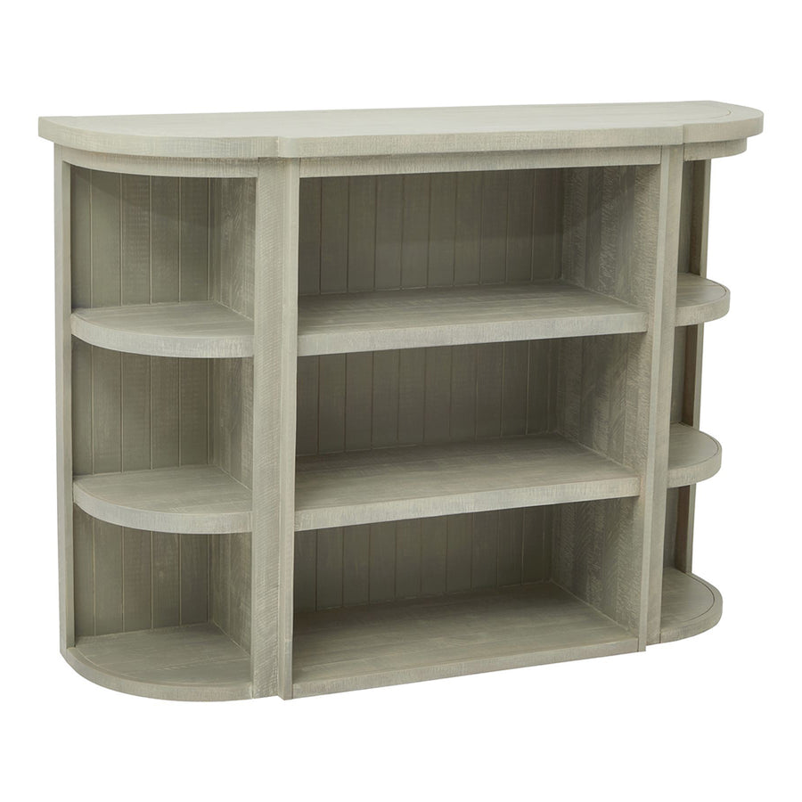 Tömör fenyőfából készült, mosott szürke színű, polcos tároló.