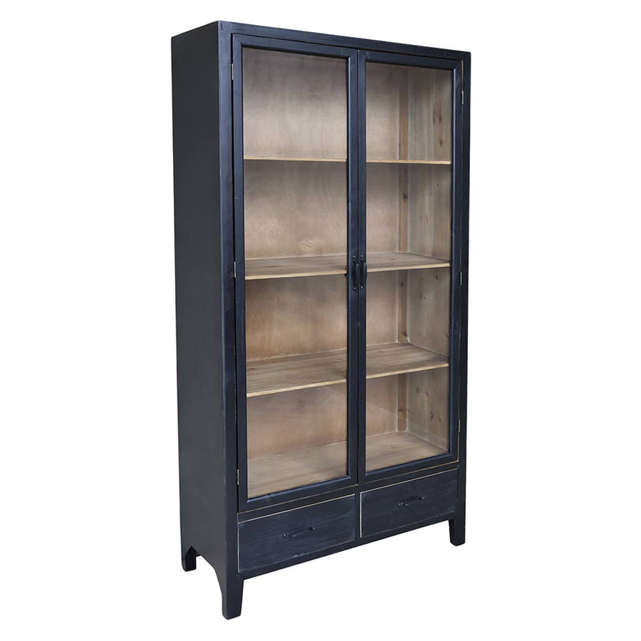 Fenyőfából készült, antik fekete színű 2 ajtós, 2 fiókos vitrines szekrény.